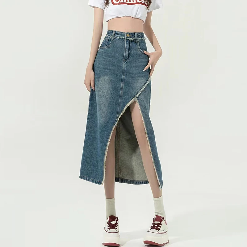 

Vintage Split Irregular Denim Skirts For Women 2023 Summer High Waist A-line Hollow Out Tassel Skirt Female Chic Bottoms 8111