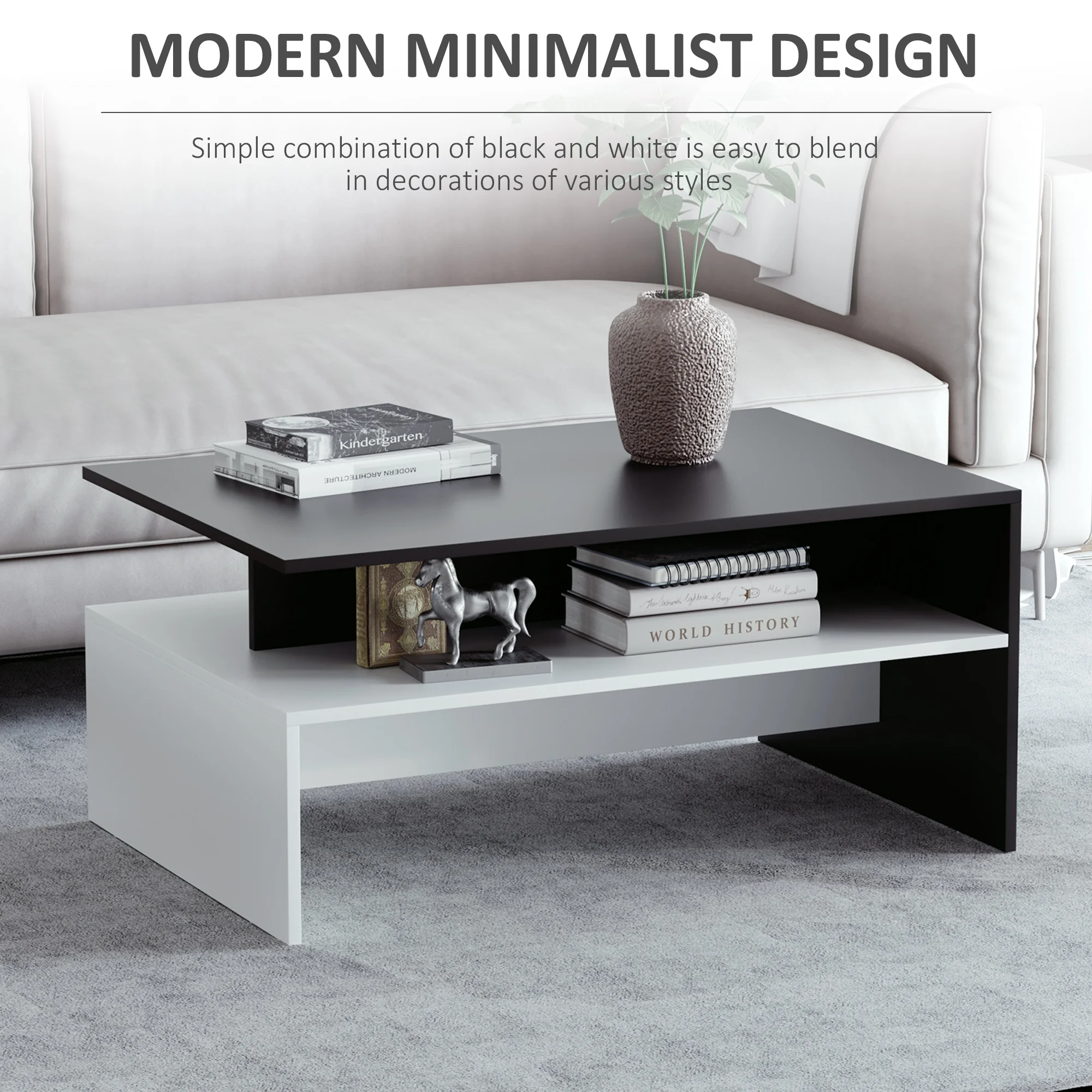 Two-Tone Color Geometric Shape Sofa End Table with Storage Shelving, Black/White 4