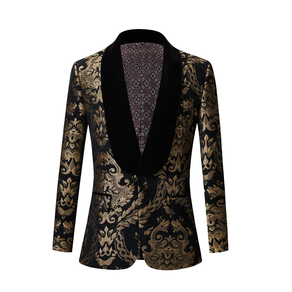 Men's Luxury Gold Floral Jacquard Velvet Suit Jacket Shawl Collar Wedding Party Stage Costumes Black Fashion Banquet Male Blazer