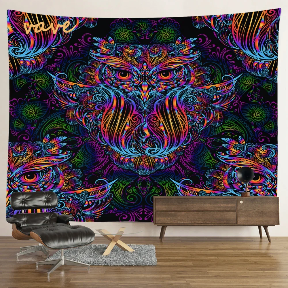 UV Reactive Fluorescent Mandala Elephant Tapestry Hippie Psychedelic Buddha Statue Owl Wall Hanging Cloth Bohemia Room Decor 5