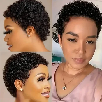Parrucche corte per capelli umani ricci per le donne Parrucche ricci crespi completamente realizzate a macchina Parrucca per capelli umani con taglio pixie a densità 150%