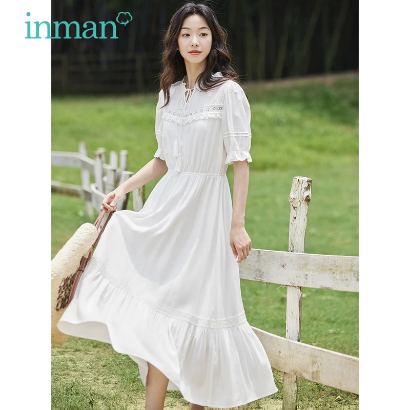 

INMAN Women Dress 2023 Summer Puff Sleeve Lace Up V Neck A-shaped Elastic Waist Hollow Lace Tassel Decoration Vintage Skirt