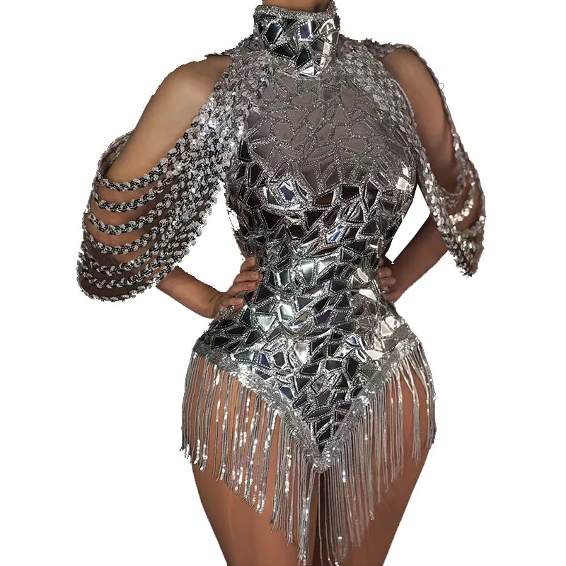 

Sparkly Silver Sequins Leotard Bling Sexy Dance Fringes Bodysuit Costume Birthday Outfit Singer Stage Wear