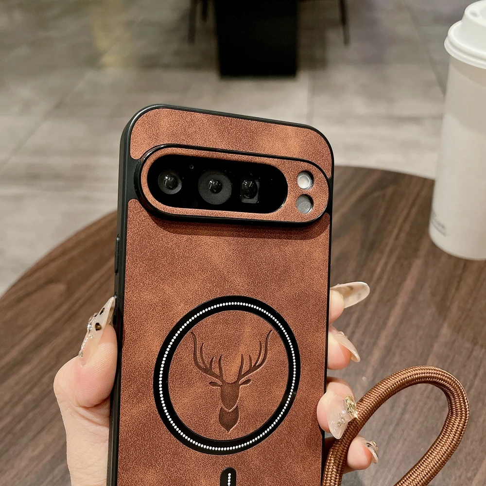 Cartoon Deer Leather Case with Wristband and Wireless Charger Cover