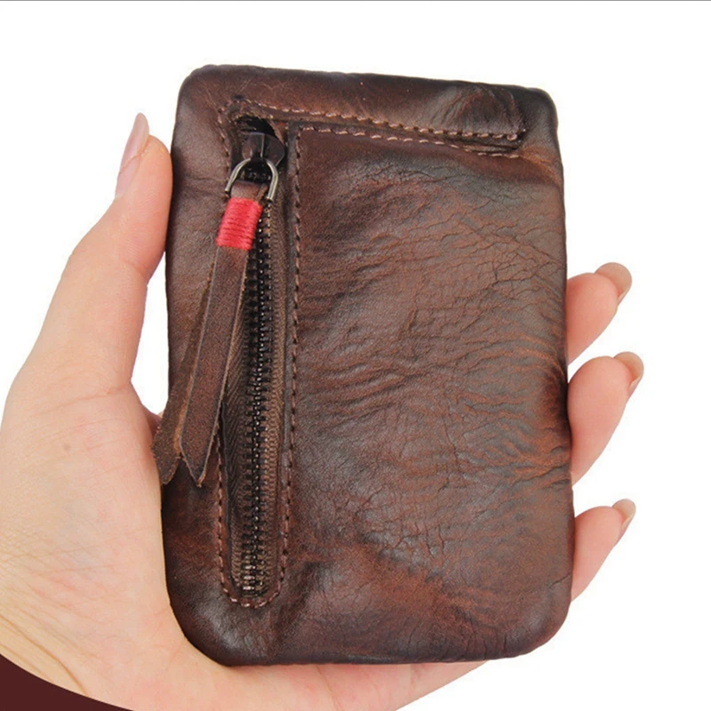 Vintage Men Genuine Leather Mini Coin Purse Card Case Holder Wallet Clutch Male Short Zipper Small Change Bag