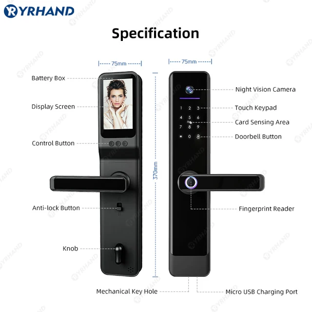 YRHAND Tuya Wifi Camera Video Intercom Lock App Remote Unlocking Digital Electronic Biometrics Waterproof With Screen Smart Lock 4