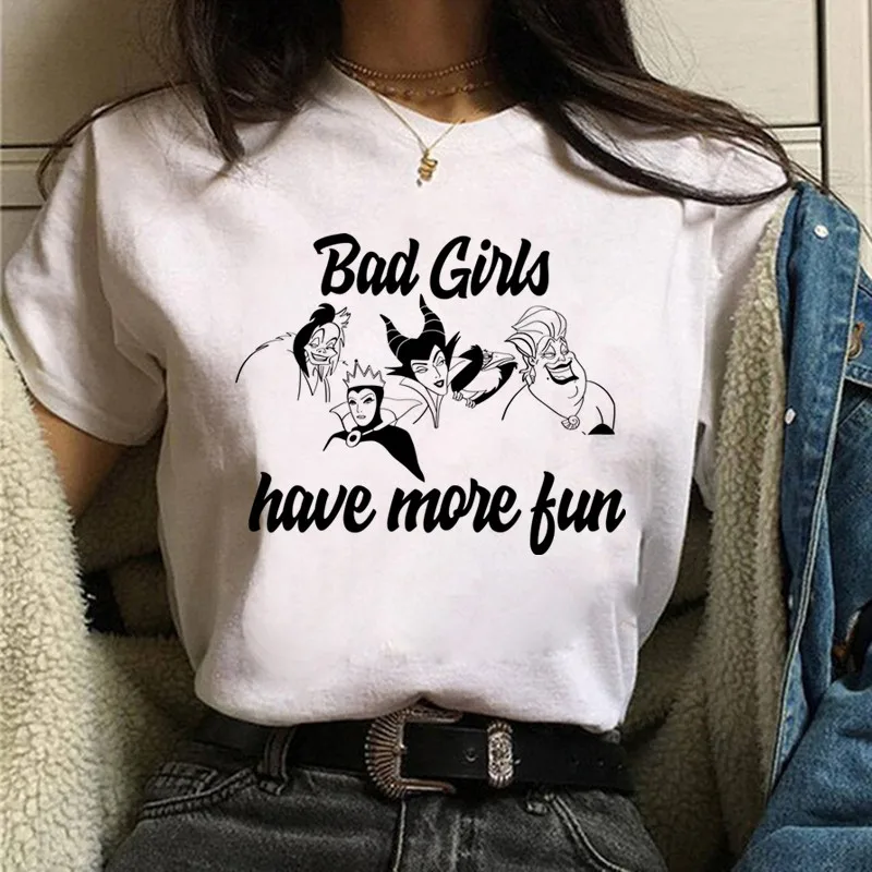 thumbnail image 1 of Camiseta de dibujos animados de Disney para mujer, ropa informal de manga corta, transpirable, con estampado de villanos y reina, para verano, 1 of 4