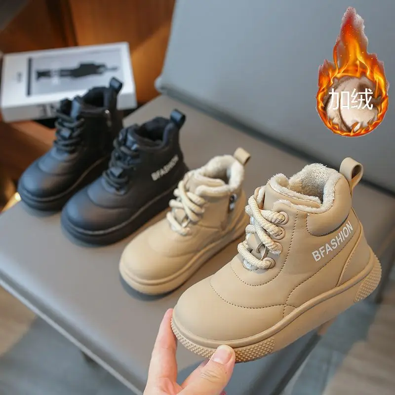 

Kids Casual Boots for Boys and Girls Leather Plush Warm Boots Toddlers Child Fashion Ankle Boots 2023 Brand New Autumn Winter