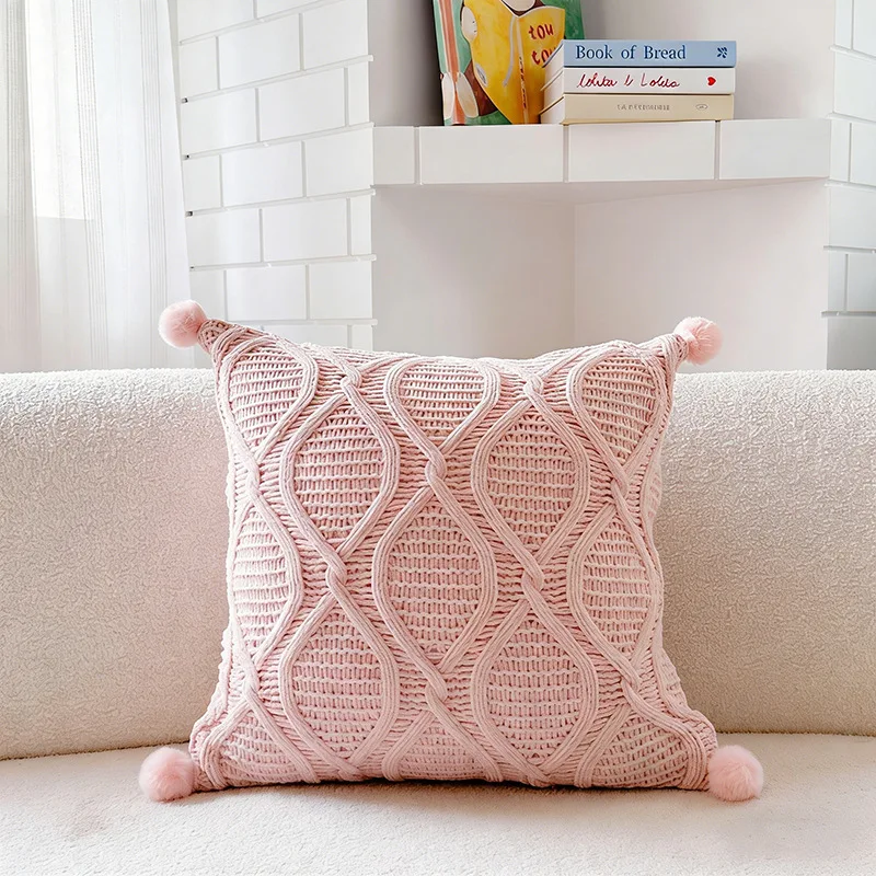Weiche Boho-Kissenhülle aus buntem Strick mit Quasten, Baumwolle und Leinen, moderne Kissenbezüge für Sofa und Bett – Detail 15