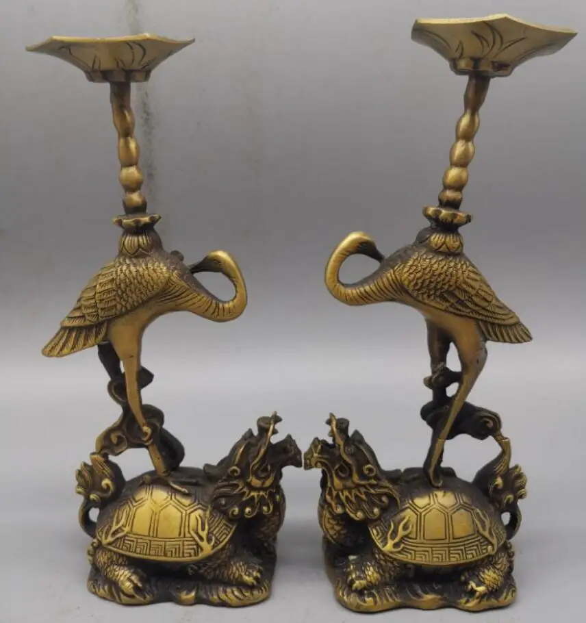 

China brass dragon turtle crane Candle Holders crafts statue A pair