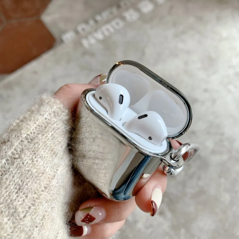Silver Electroplate Earphone Case with Keychain and Protective TPU Cover