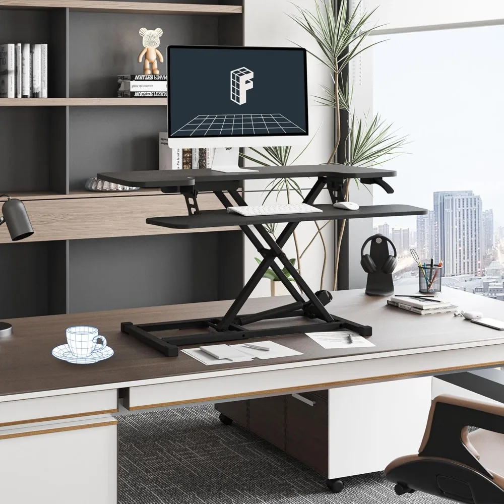 35in Standing Desk Converter Height Adjustable Sit to Stand up Desk Riser Computer Workstation with Keyboard Tray Wide 2-Tier D