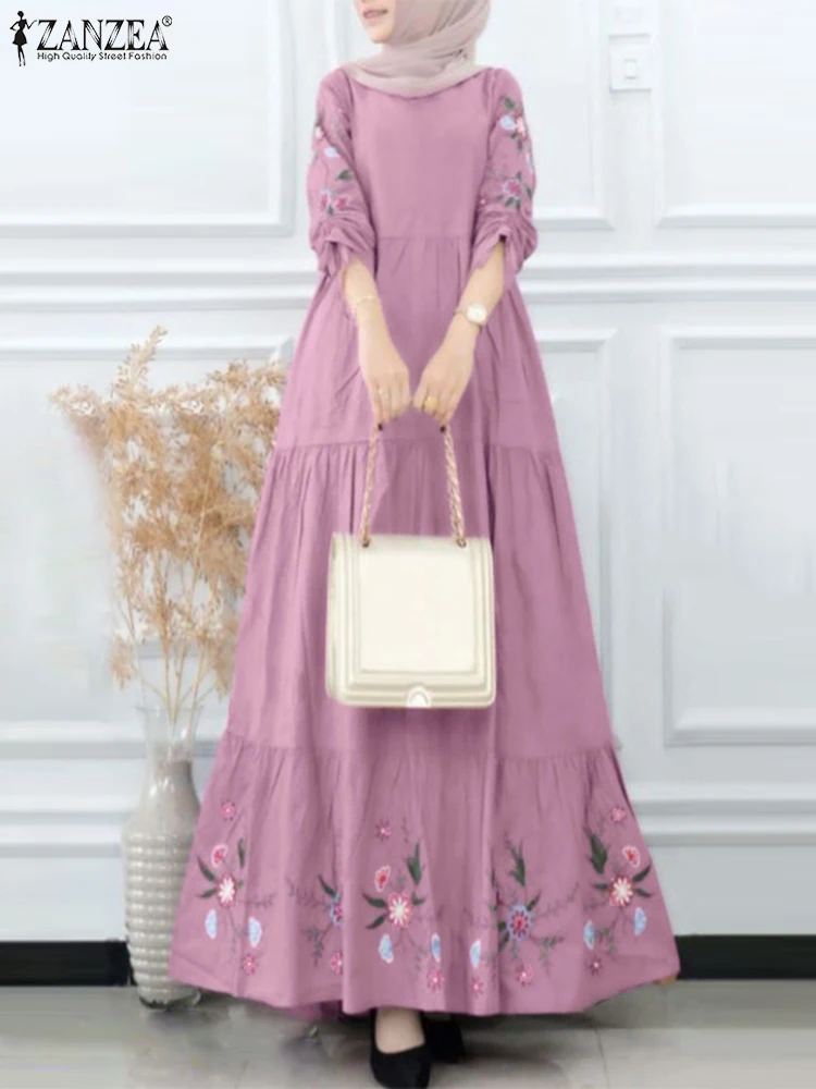 

ZANZEA Woman Fashion Party Muslim Dress Female Long Sleeve Turkey Abaya Sundress Casual Floral Printed Maxi Robe Oversized 2023