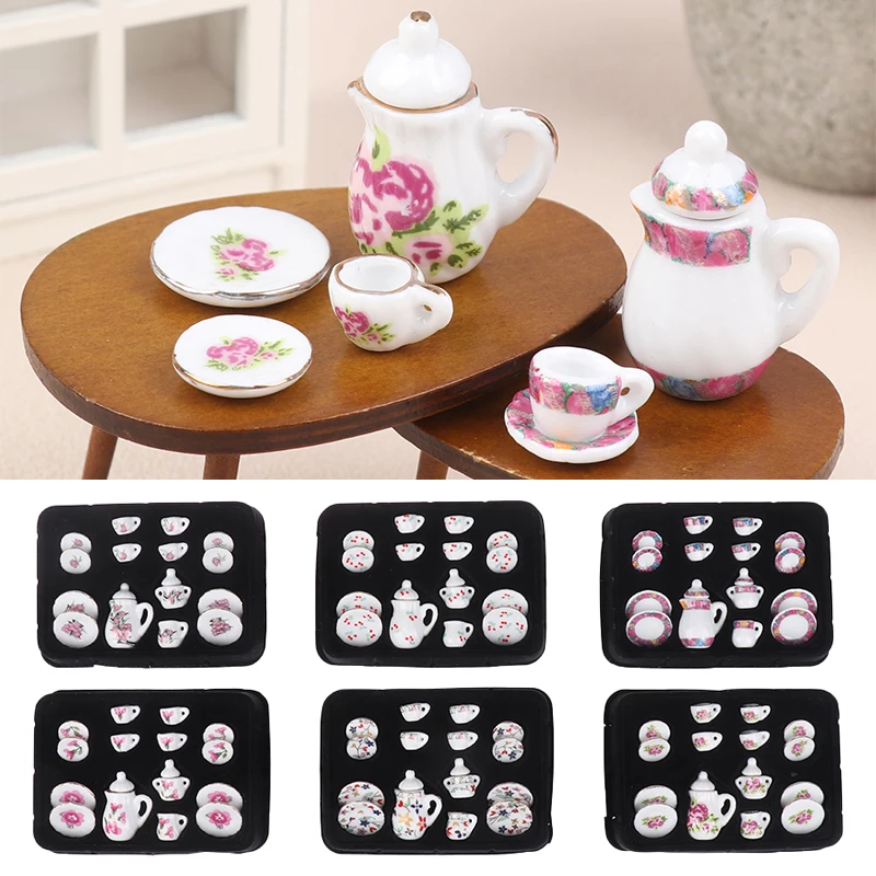 

1Set 1:12 Dollhouse Miniature Ceramic Tea Set Cup Kettle Tray Flower Tableware Kitchen Decor Toy Doll House Accessories