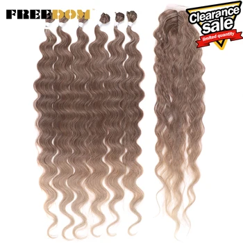 FREEDOM Synthetic Hair Bundles With Closure 36 inch 7pcs/Pack Body Wave Hair Weft 320g Ombre Brown Pink Fake Hair Weave Bundles