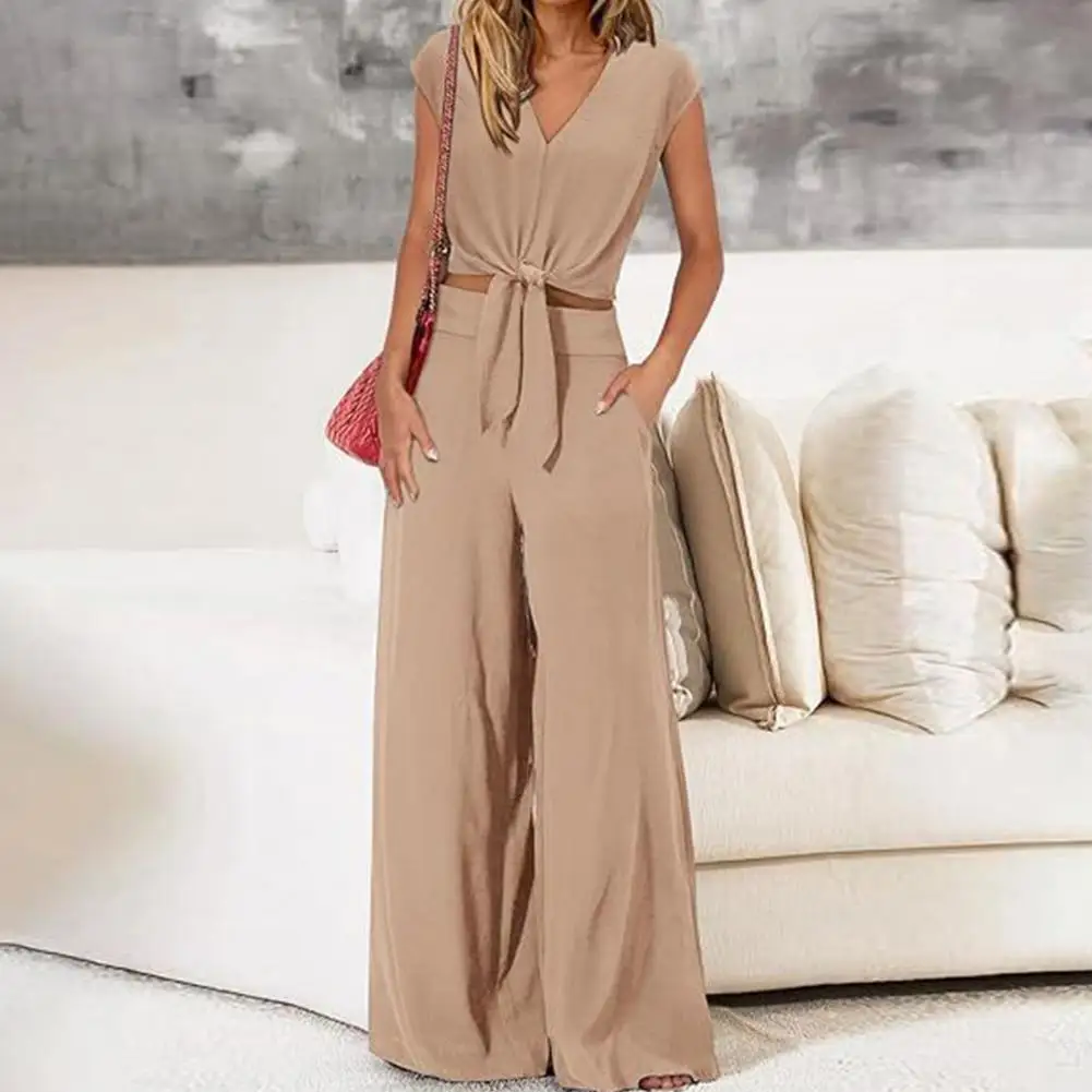 

Women Top Pants Suit Women's Lace-up Knot Top Wide Leg Pants Set for Ol Commute Short Sleeves V Neck High Waist Soft Breathable