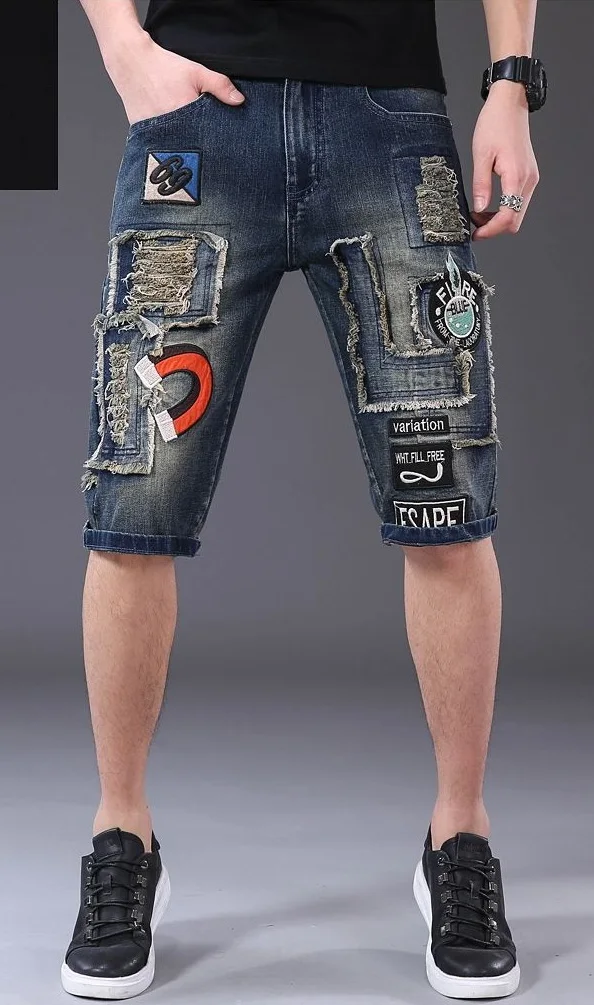Summer Street Style Embroidered Denim Shorts For Men Patch Holes Knee length Jeans Patchwork Shorts