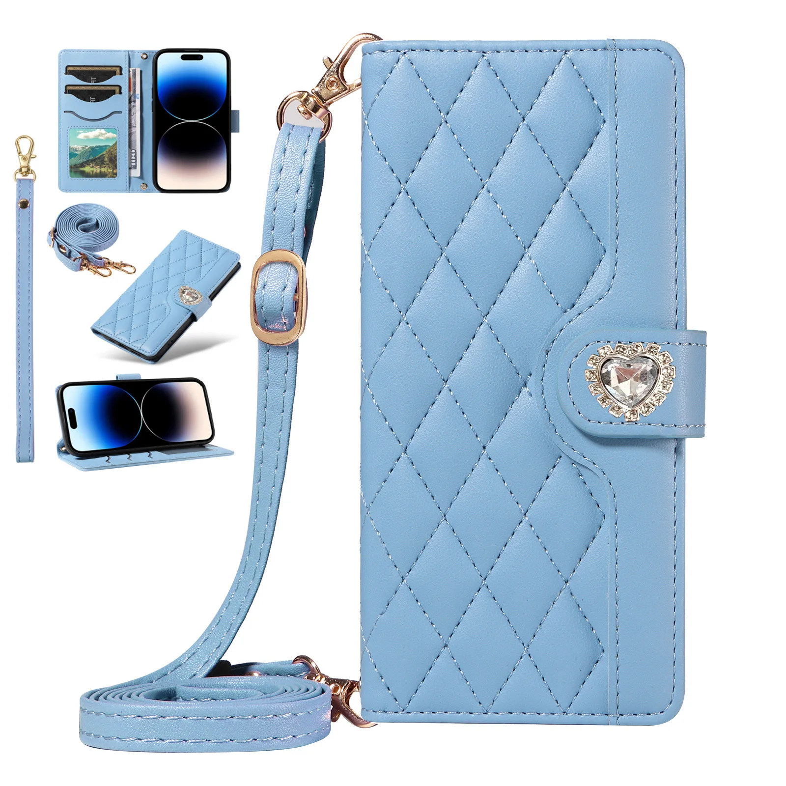 Elegant Diamond Leather Crossbody Flip Wallet Case with Wrist Strap and Card Slots