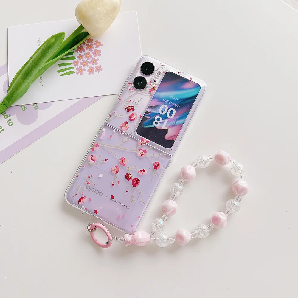 

For OPPO Find N2 Flip Case Colorful Flowers Painted With Bracelet Transparent Folding Shockproof PC Hard Back Cover Accessories