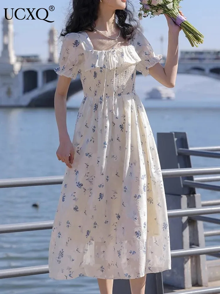 

Платье женское шифоновое средней длины с квадратным вырезом и рукавами-фонариками