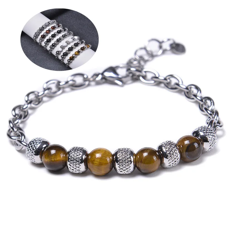 Stainless Steel Adjustable Chain Link Bracelet with Tiger Eyes and Lava Rock Stone for Men