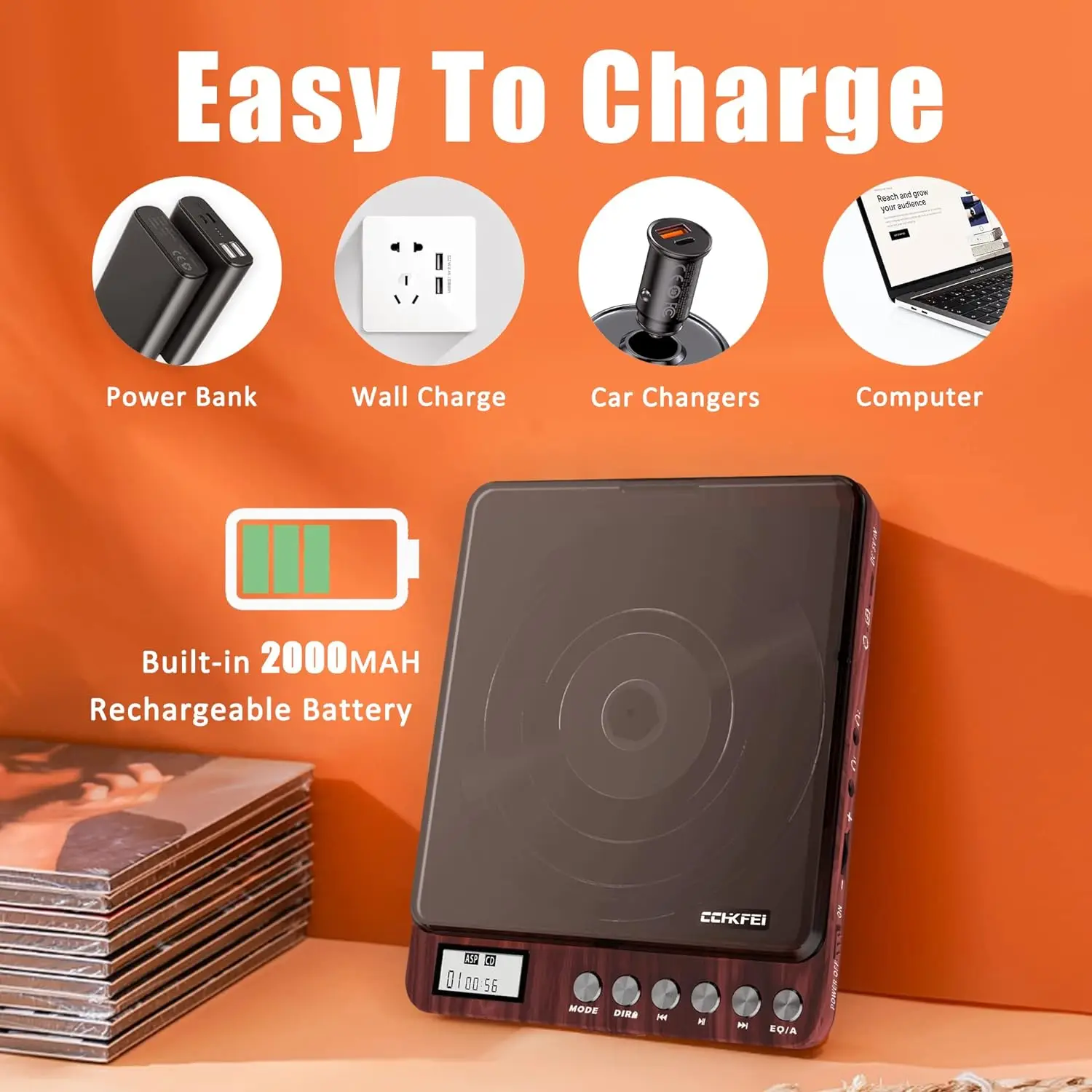 Portable CD Player with Speakers 2000mAh Rechargeable Walkman CD Player Portable with Double 3.5mm Headphones Jack