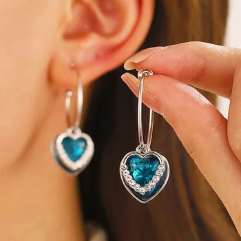 Vintage Fashion Blue Crystal Heart Drop Earrings For Women Jewelry 2025 Trending New Luxury Ocean Heart Zircon Earrings Brincos