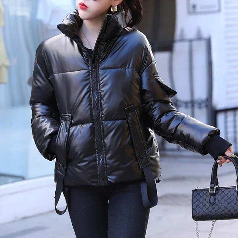 New Warm Jackets Women Autumn Winter Thick Long Sleeve Overcoats Cotton Trend Casual Solid Color Coats Short Bright Face 2024