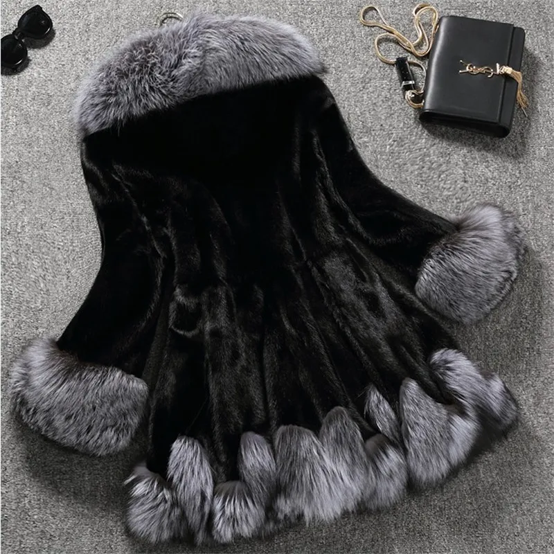 S-6XL Good Quality Thick Long Faux Fox Fur Mink Velvet Coat Winter Warm Slim Plush Streetwear Women Overcoat With Trim Hood Hat