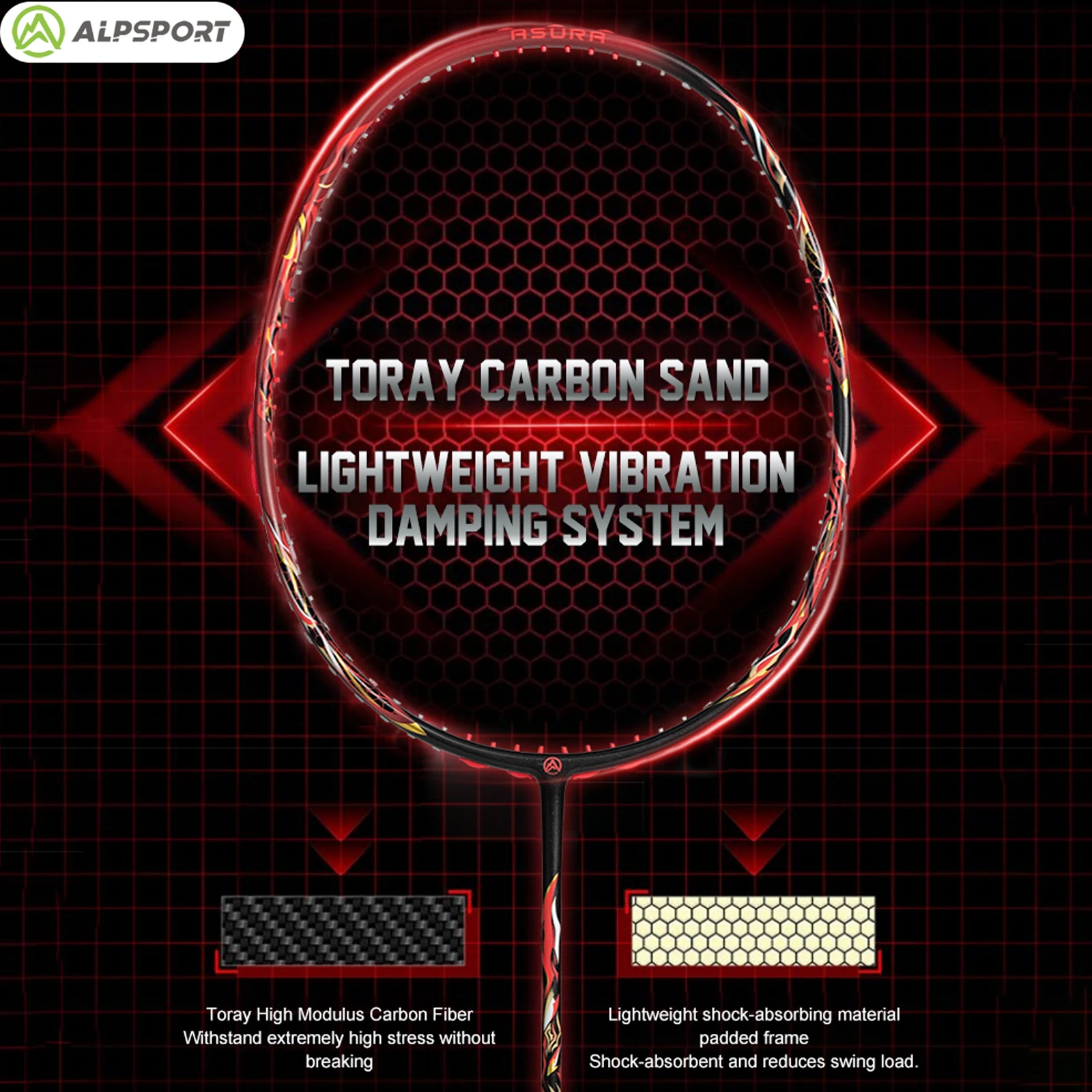 ALPSPORT Asura 6U MAX 38LBS G5 Black Badminton Racket Full Carbon