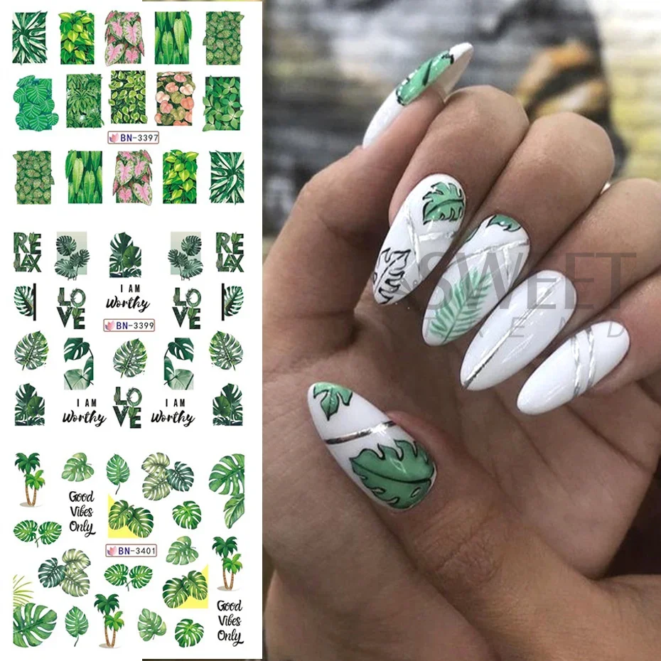 12pcs Summer Tropical Plants Nail Stickers Green Banana Leaves Palm Tree Floral Water Transfer Decals Sliders DIY Manicure Decor