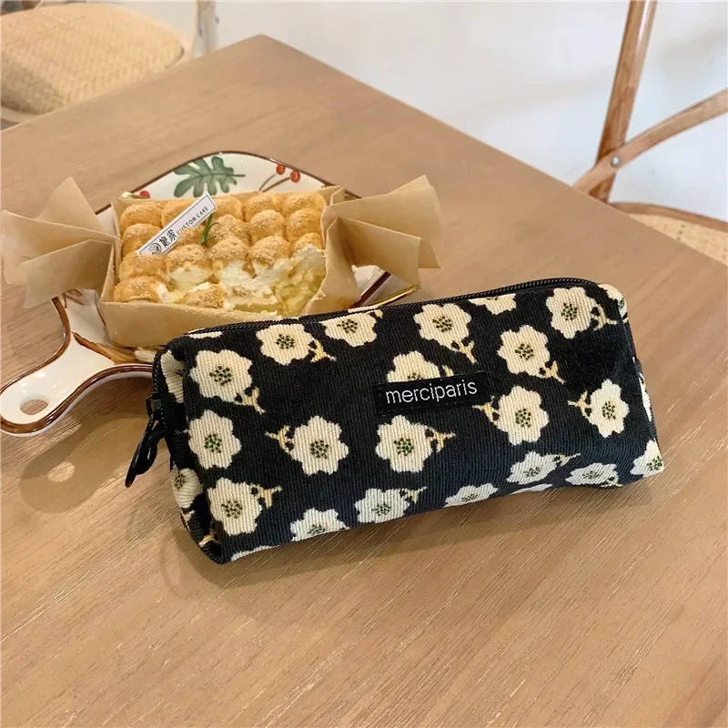 Women Corduroy Flower Cosmetic Bags Travel Brush Lipstick Storage Case Female Makeup School Stationery Pencil Cases 5