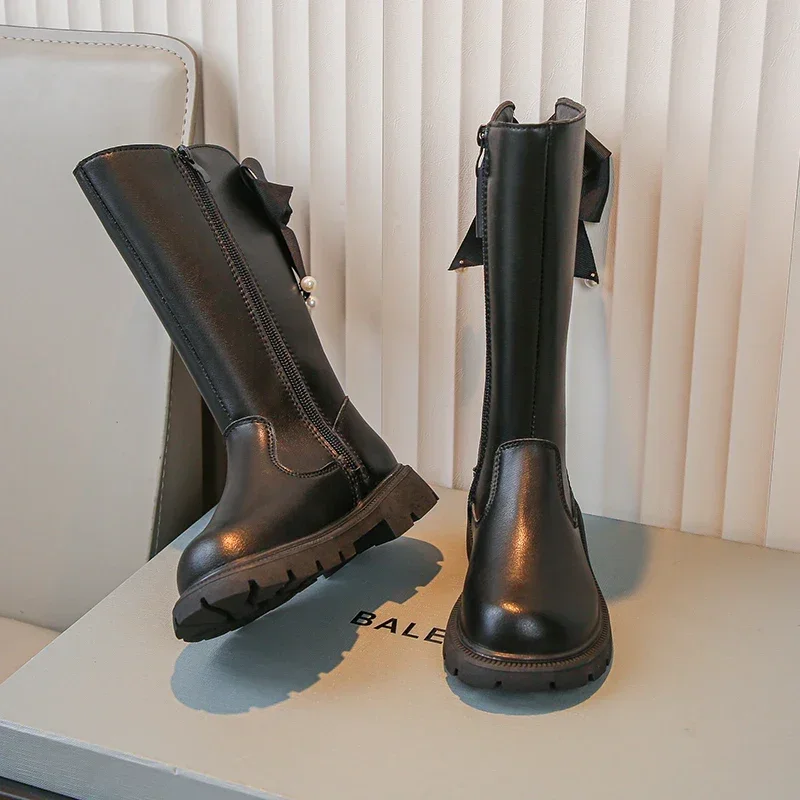 Girls Leather Boots Chic Bowtie Causal Long Boots