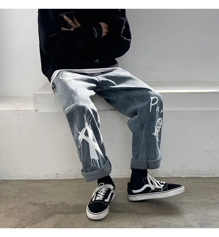 light blue jeans men Spring and Summer HipHop Straight Jeans Men's Graffiti Casual Trousers Trendy Loose Wide Leg Pants Male Student Ins All-Matching flannel lined jeans