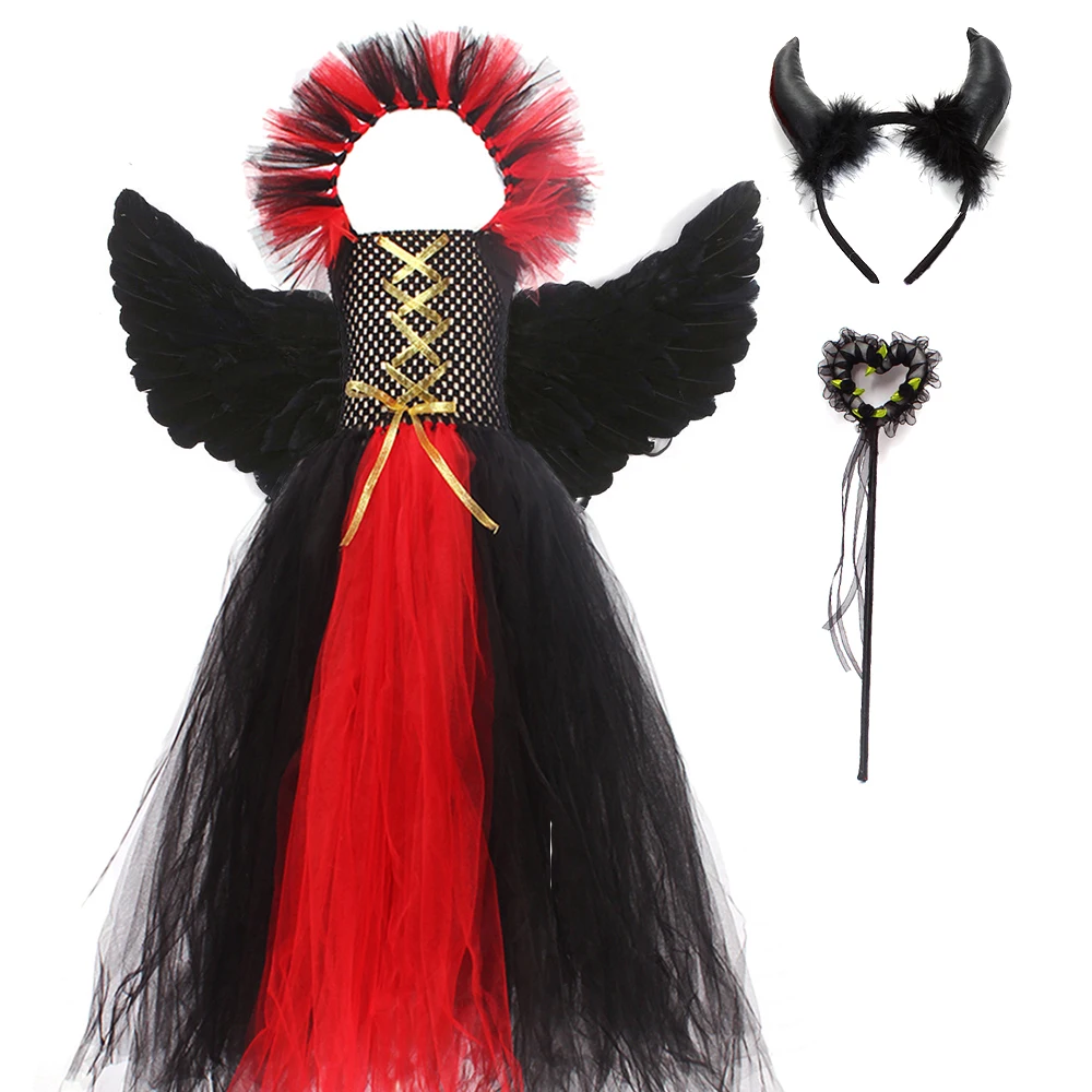 Girls Gothic Vampiress Costume Evil Queen Gown Tutu Dress for Halloween Cosplay Party Clothing Kids Fancy Dress Up Outfit cosplay costume