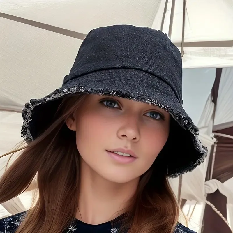 Durable Unisex Denim Bucket Hat Frayed Brim Cotton Basin Foldable Casual Fisherman Cap Style for Women and Men Trendy
