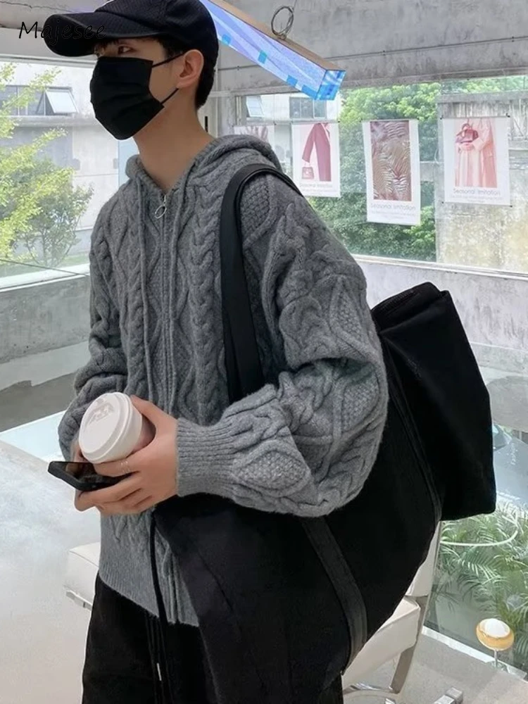 

Hooded Cardigan Men Autumn Warm Windproof Textured Simple Leisure All-match Slouchy Loose Handsome Streetwear Korean Style Ins