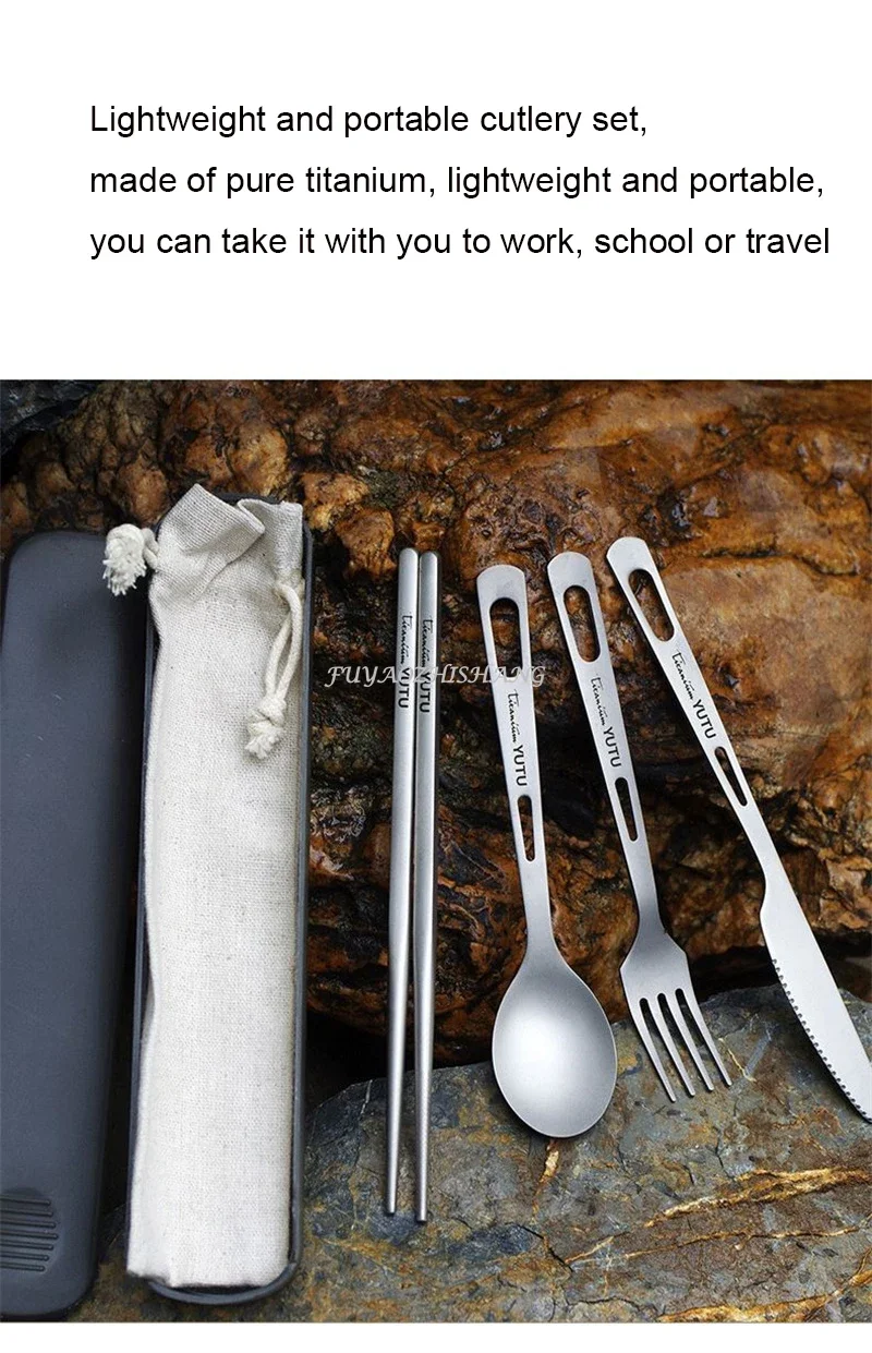 Description Picture 2 of itemPure Titanium Tableware Set Outdoor Household Frosted Knife and Fork Spoon Chopsticks Travel Camping Portable Knife and Fork Set