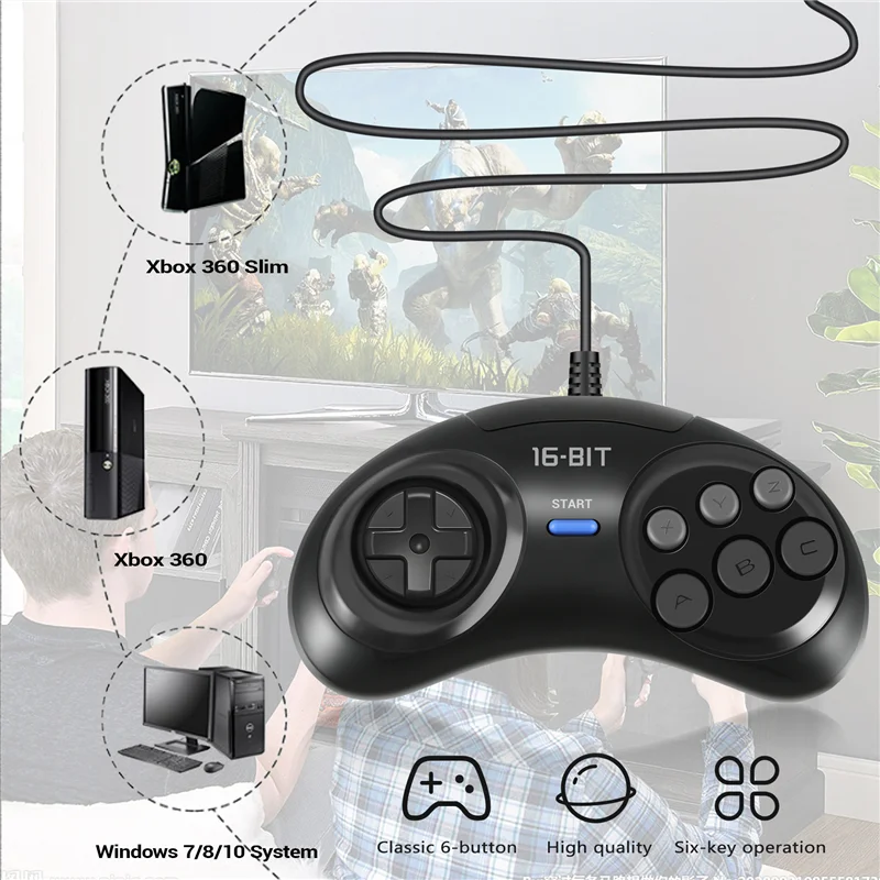 SEGA Genesis 용 2 Pcs 게임 컨트롤러 16 비트 핸들 컨트롤러 용 6 버튼 게임 패드 SEGA MD 게임 액세서리 블랙