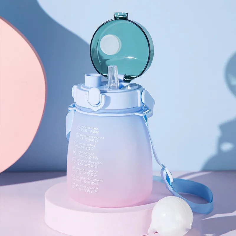 Plastic Water Bottle1.3L With Time Marker Strap Straw Leak Proof Cup Portable Fitness Gym Camping Outdoor Sports Bottle Bpa Free