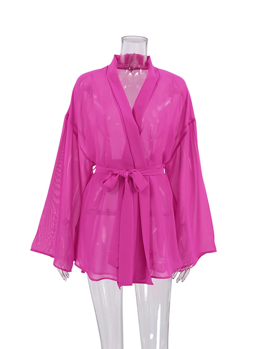 Marthaqiqi Autumn New Autumn Women'S Robe Sexy V-Neck Sleepwear Long Sleeve Nightwear Lace Up Nightgowns Casual Ladies Bathrobe
