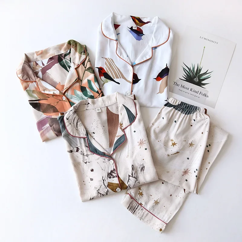 Spring / Summer New 100% viscose long-sleeved trousers ladies pajamas suit 3XL plus size long Sleepwear women\'s home Nightwear