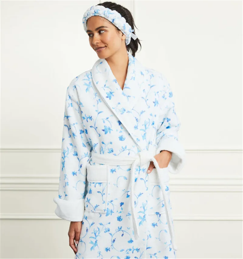Hirigin Women Floral Fruit Plush Robes Long Sleepwear Fleece Plush Bathrobe Print V Neck Cute Casual Ladies Loungewear