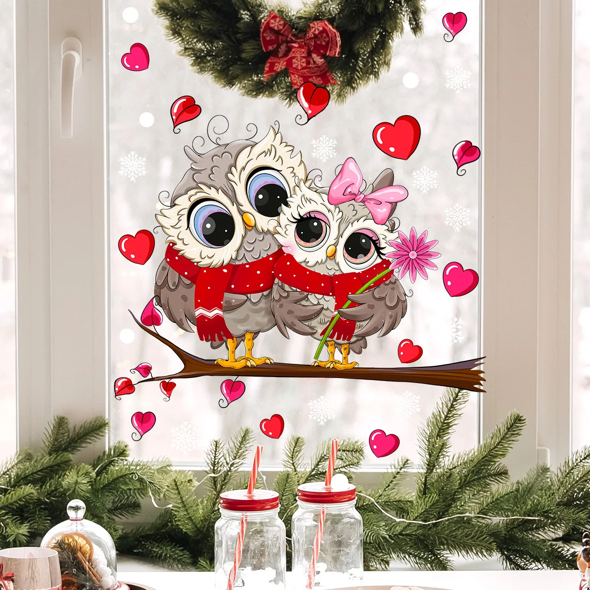 30 70cm branches bird snowflakes christmas wall stickers glass window stickers home decorative wall stickers wallpaper ct8027 30*45cm Cartoon Branch Owl Valentine's Day Love Electrostatic Sticker Glass Window Home Decorative Wall Sticker Wallpaper Dj3036