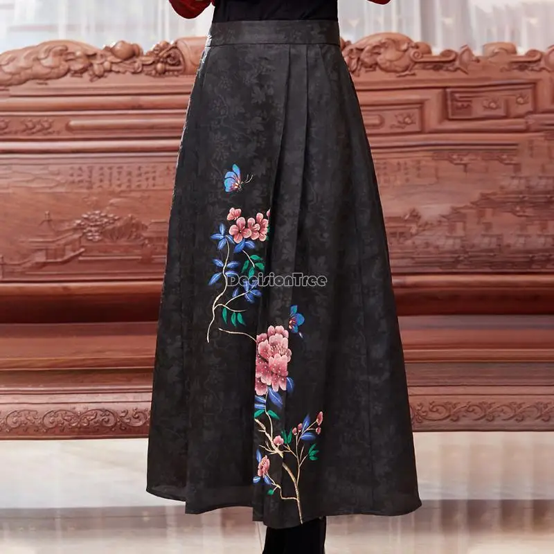 

2023 tang suit classic skirt chinese retro style yarn printed long skirt for women loose style high waisted long skirt g522