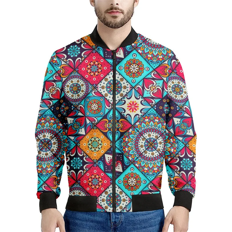 thumbnail image 1 of Chaqueta con estampado 3D de mandala bohemio para hombre, sudadera con estampado floral de primavera y otoño, abrigos de manga larga con cremallera y estilo aviador, 1 of 4