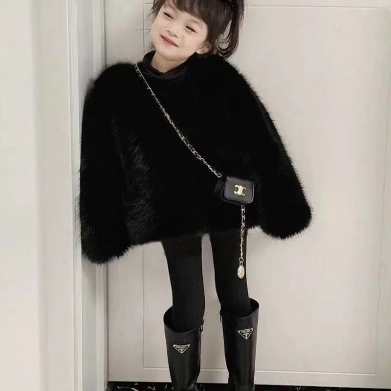 معطف شتوي للأطفال من الفرو الصناعي للفتيات سترة أنيقة قصيرة الطول مع ملابس شتوية سميكة على الطراز الكوري للأطفال
