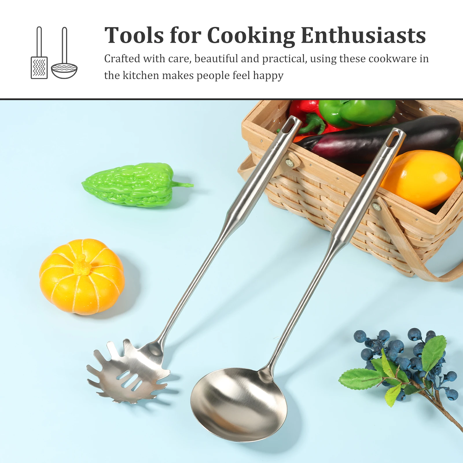 2 Pcs Kitchenware Set 304 Stainless Steel Soup Ladle and Pasta Fork Set Utensils Kit Cooking Tools for Home Kitchen Accessories