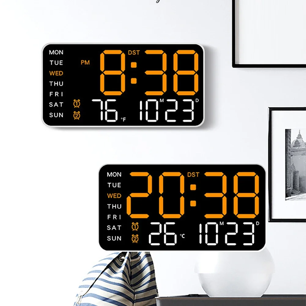 Colorful LED Digital Wall Clock Large Digital Wall Clock Temperature Humidity Week Display Bright Adjustable Electronic