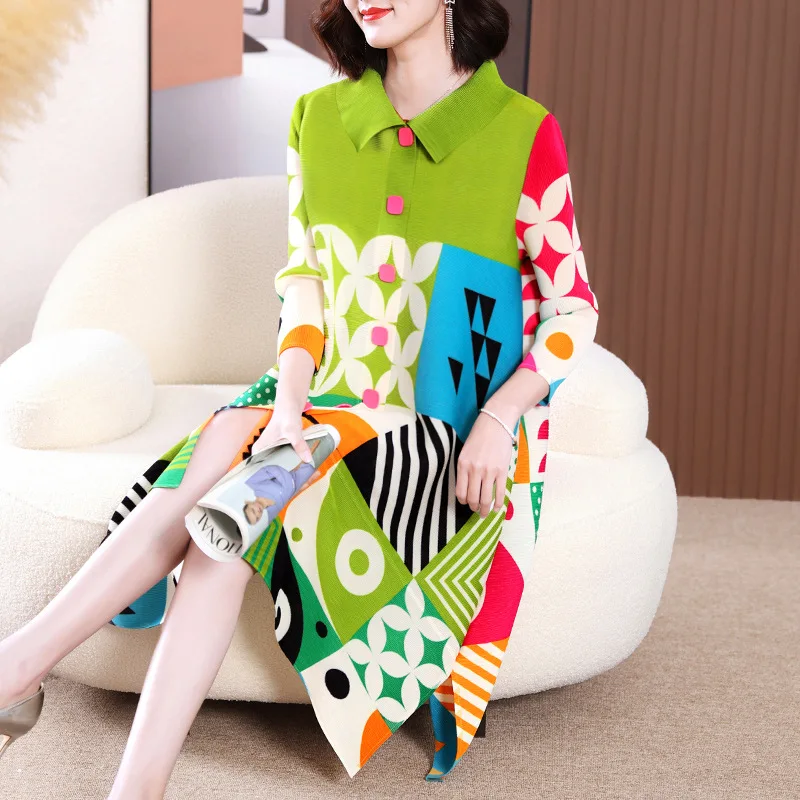Miyake Pleated Dress Women 2024 Spring New High-End Design Sense Printing  Lapel 3/4 Sleeve Single-breasted Fashion Shirt Dresses - AliExpress  200000345